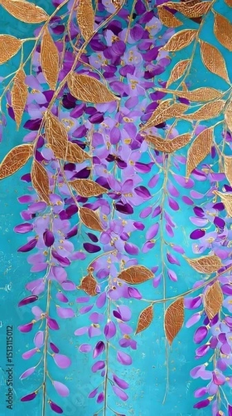 Fototapeta Beautiful clusters of wisteria flowers in vibrant purple and gold against a turquoise background