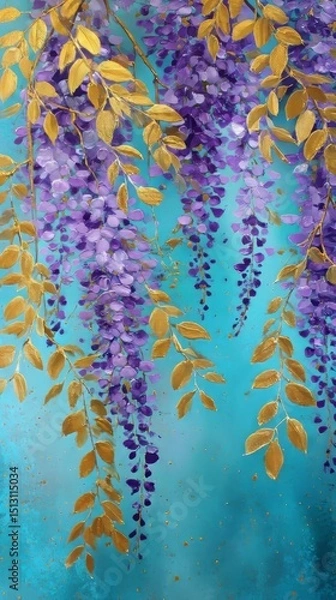 Fototapeta Vibrant wisteria blossoms with golden leaves against a turquoise background create a stunning visual display