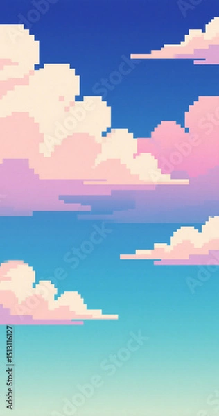 Fototapeta Pixel art sky with pink clouds and blue gradient background