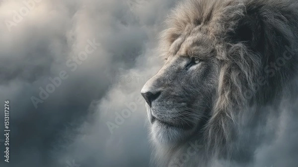 Obraz Majestic Lion in the Clouds: A close-up of a regal lion gazes into the distance amidst a sea of swirling clouds, symbolizing courage, strength, and leadership.