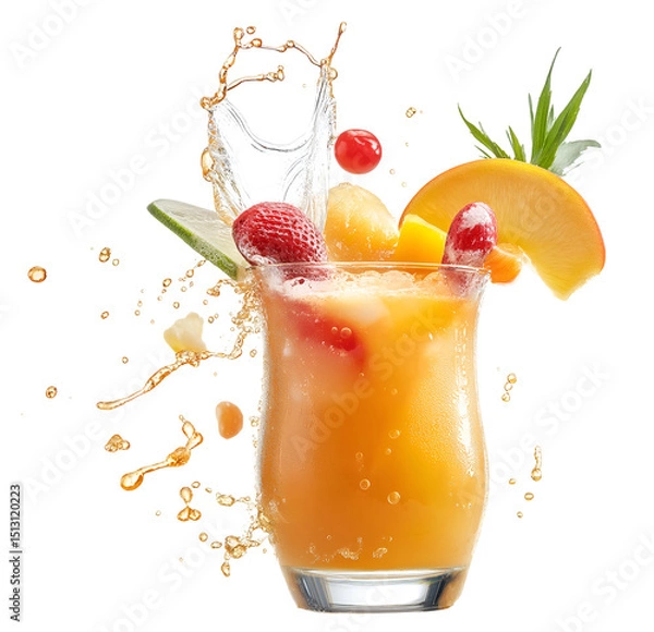 Fototapeta A tropical cocktail with bright fruit garnishes and a dramatic splash effect captured mid-air isolated on a white background