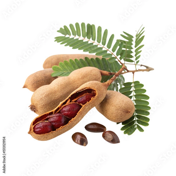 Fototapeta Fresh tamarind pods with leaves isolated on transparent background