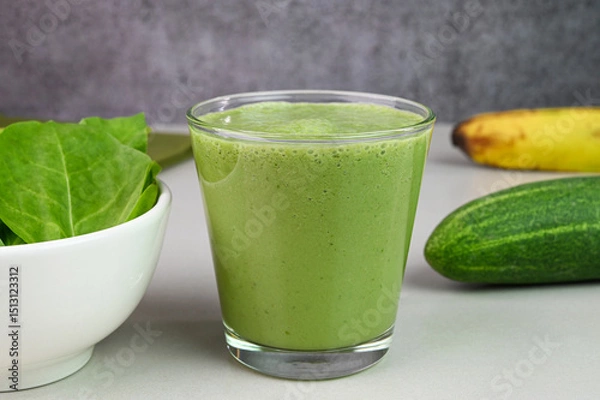 Obraz Serving green smoothie in a glass cup.