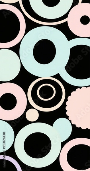 Fototapeta Pastel circles and rings on a black background create a fun pattern
