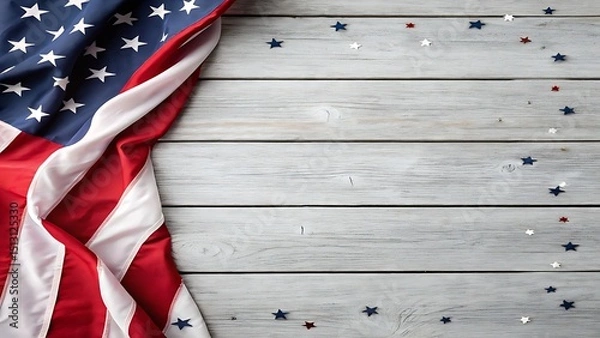 Fototapeta Usa flag on wooden background with star decorations, ideal for 4th of july celebration, patriotic events, memorial day, veterans day graphics, flyer designs, digital ads and independence banners