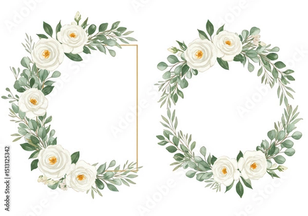 Fototapeta Watercolor floral wreath and frame with white roses and green leaves isolated on transparent background