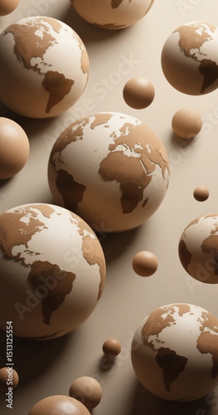Fototapeta Globes showing continents floating on a beige background