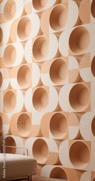 Fototapeta Beige and white geometric circle pattern wall design background