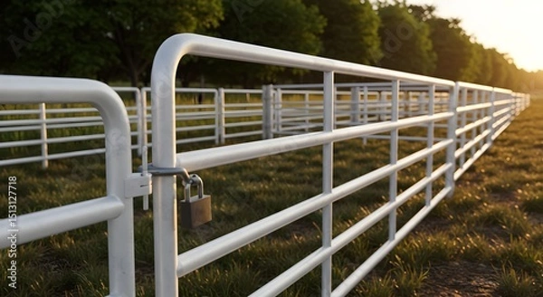 Obraz White metal fence and gate in rural landscape with lock