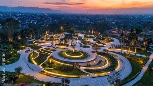 Obraz Public green space in the city with smart lighting and efficient irrigation systems