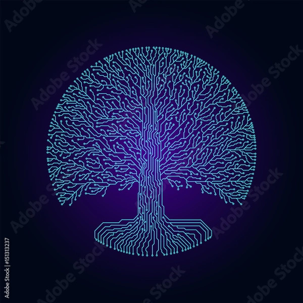 Fototapeta Hi-tech circuit style round yggdrasil tree. Cyberpunk futuristic design.