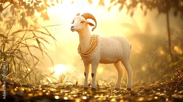 Fototapeta A beautifully adorned sacrificial goat standing calmly in a rural morning setting, surrounded by soft golden sunlight filtering through tall grass and dew-covered leaves