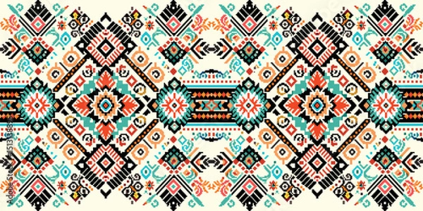 Fototapeta Pixel damask seamless geometric pattern with geometric elements