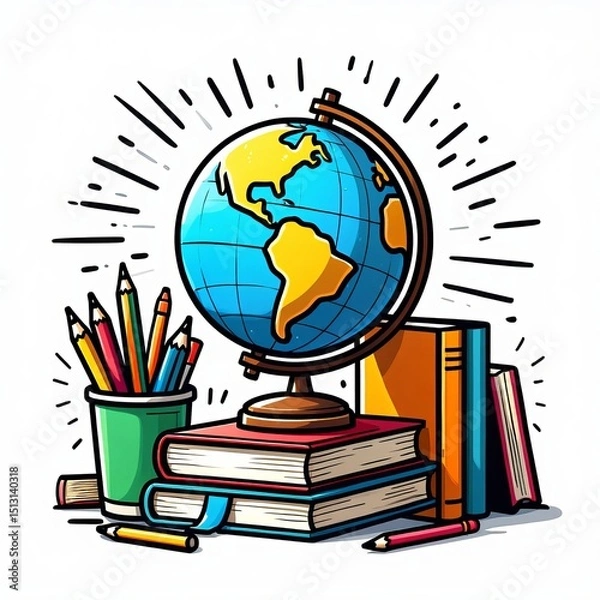 Fototapeta Colorful cartoon illustration of a globe books and pencils representing education