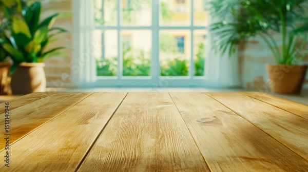 Obraz Empty wooden table with blurred green window view background for product placement