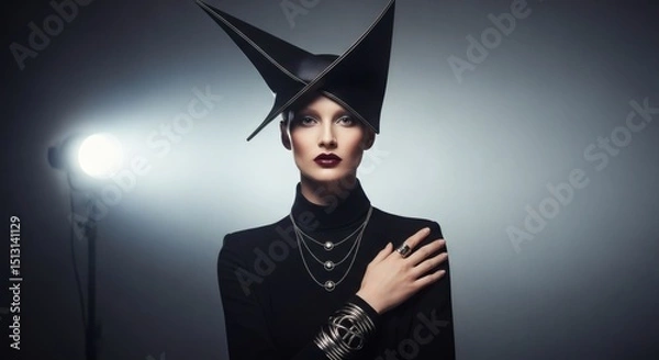 Obraz Woman in black turtleneck and avant garde hat with jewelry posing in front of a spotlight studio shot