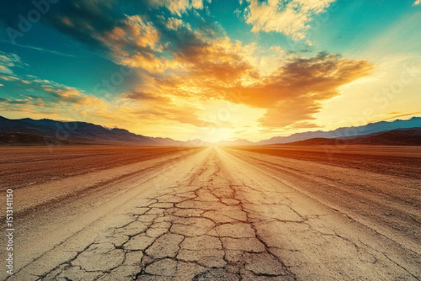 Obraz Cracked asphalt road leading to sunset over mountains in desert landscape