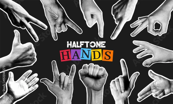Fototapeta Trendy set of human hand gesture with retro halftone and photocopy grain effect. Y2k collage of woman finger point, touch, thumb or dot arm as torn paper sticker with doodle grunge paint brush texture