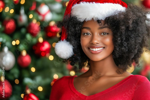 Obraz Beautiful black woman smiling and wearing santa hat in front of christmas tree