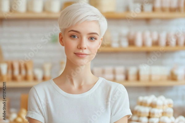 Obraz Confident shopkeeper smiling in her pastry and bakery shop