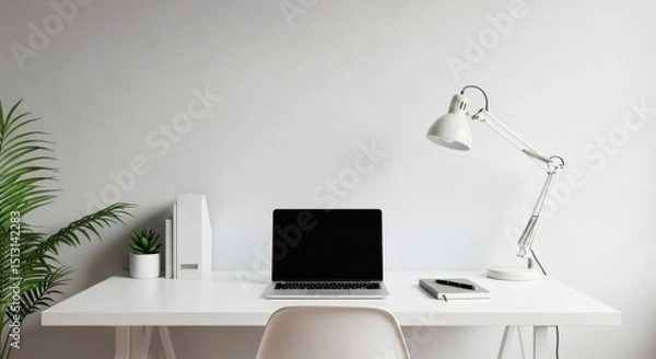 Obraz A minimalist workspace featuring a laptop, lamp, plant, and stationery on a white desk against a white wall