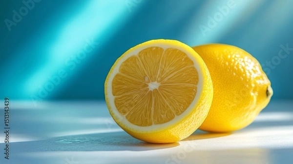 Fototapeta Zesty Lemon Still Life: A Vibrant Display of Citrus Freshness Against a Turquoise Backdrop Enhanced by Dynamic Light and Shadow Play