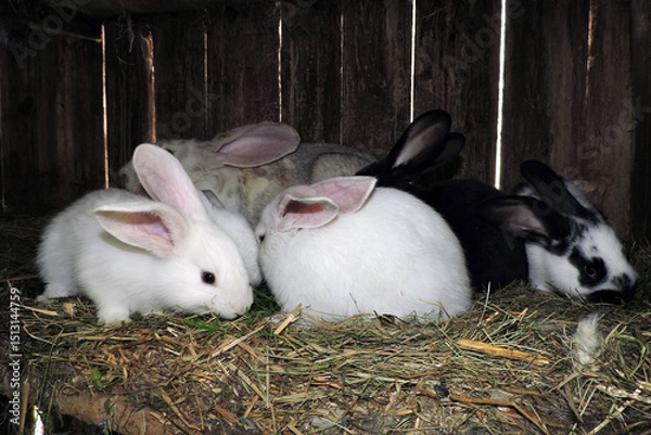 Fototapeta Young cute bunnies of different colors with their mother rabbit in an open cage. The floor is layered with hay and visible waste.