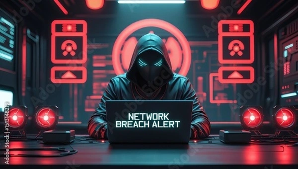 Fototapeta A mysterious hooded figure, focused on a laptop, alerts on a network breach in a red-lit cyber environment.