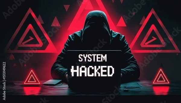 Fototapeta A hooded figure in silhouette, working on a laptop displaying 'SYSTEM HACKED' in neon font. A dark, ominous atmosphere surrounds them.