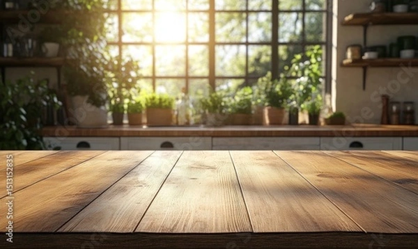Fototapeta Empty wooden table with countryside kitchen in background
