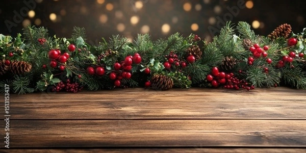 Fototapeta Empty wooden table with christmas theme in background