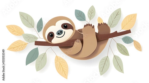 Obraz Cute Cartoon Sloth Sleeping on Branch with Leaves