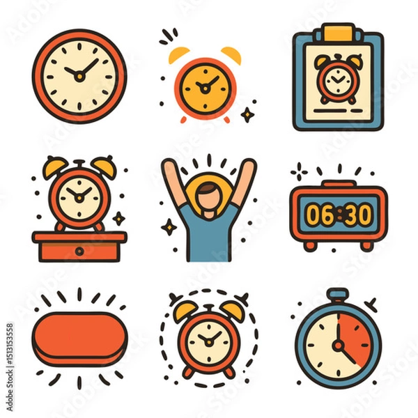 Fototapeta Colorful Alarm Clock and Time Management Icons Illustration