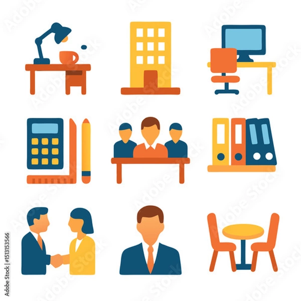 Fototapeta Colorful Office Icons Set: Business Meeting, Workplace Collaboration, and Corporate Teamwork