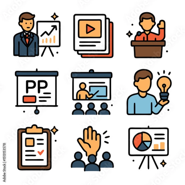 Fototapeta Colorful Flat Icons Depicting Business Presentations and Teamwork