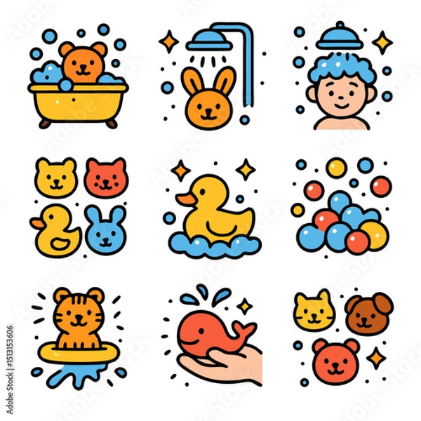 Fototapeta Colorful Cartoon Animals and Children Enjoying Bathtime