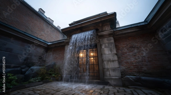 Fototapeta Illuminated water feature enhances old stone building at night
