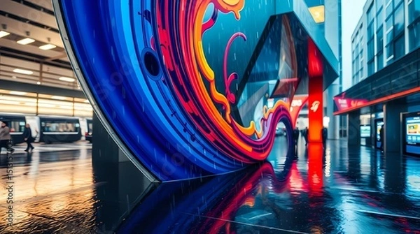 Fototapeta A large, abstract, colorful mural with swirling lines and dripping paint in blue, orange, red and yellow, with a wet, reflective surface