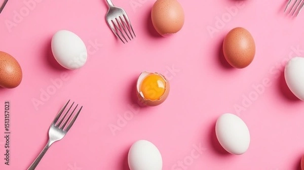 Fototapeta Flat lay of brown and white eggs, one cracked open showing yolk, with forks on pink background.
