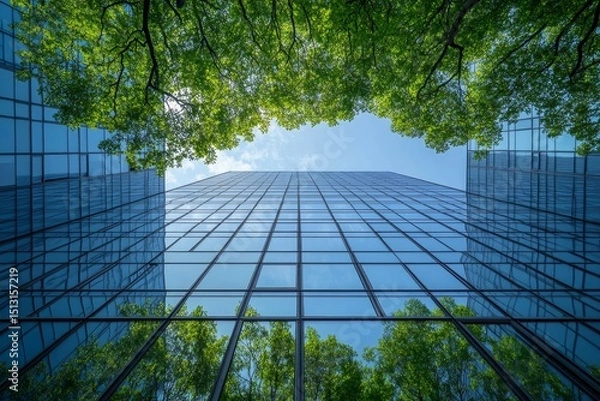 Fototapeta Sustainble green building. Eco-friendly building in modern city. ESG. Sustainable glass office building with green tree. Office with green environment. Corporate sustainability. Net zero