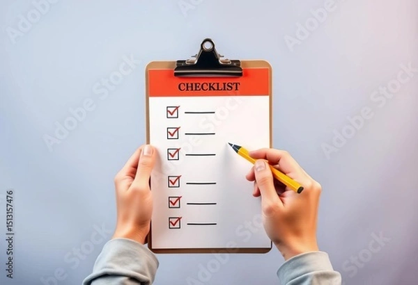 Fototapeta Hands hold clipboard checklist with pencil; flat design, design, to do list