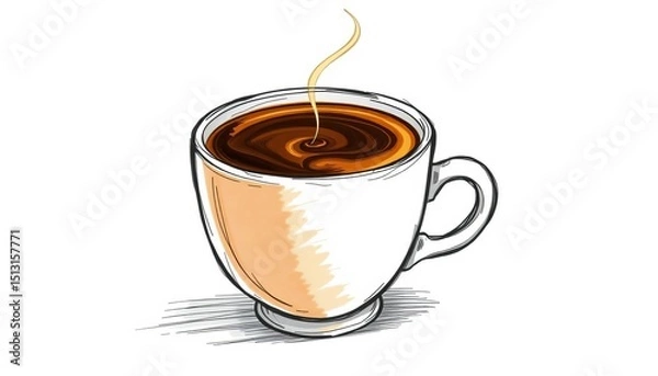 Fototapeta Hand-drawn sketch of espresso in a cup, rich crema, steam subtly rising,  crema,  design