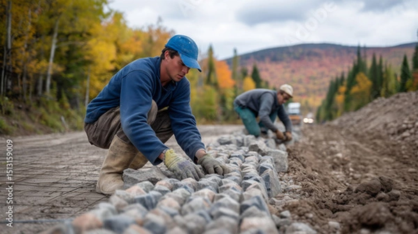 Obraz Team installing gabion-style baskets for environmental protection