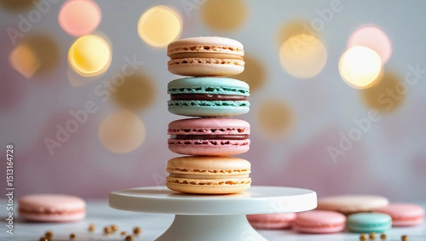 Fototapeta Colorful pastel macarons stacked neatly on a white stand, dreamy background with elegant soft-focus lights. Great for dessert branding and ads.