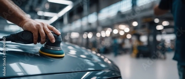 Obraz Caucasian adult man using car polisher on vehicle in auto repair shop Concept of car detailing, paint correction, and professional automotive service