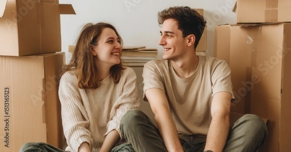 Fototapeta Couple smiles amid moving boxes, a testament to shared journeys and new beginnings, radiating hope and excitement for the future.