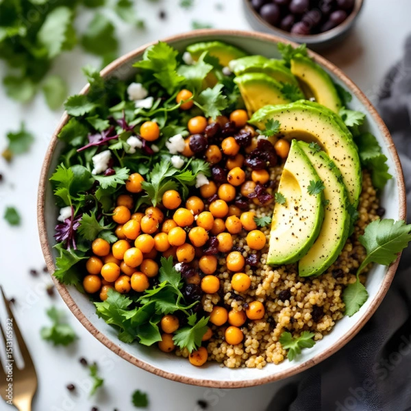 Fototapeta Colorful Fruit Bowl with Avocado, Chickpeas, and Greens