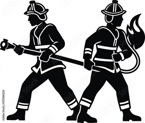Fototapeta vector illustration of firefighters in dramatic poses, wearing protective gear and helmets, silhouettes designed for safety and rescue concept visuals
