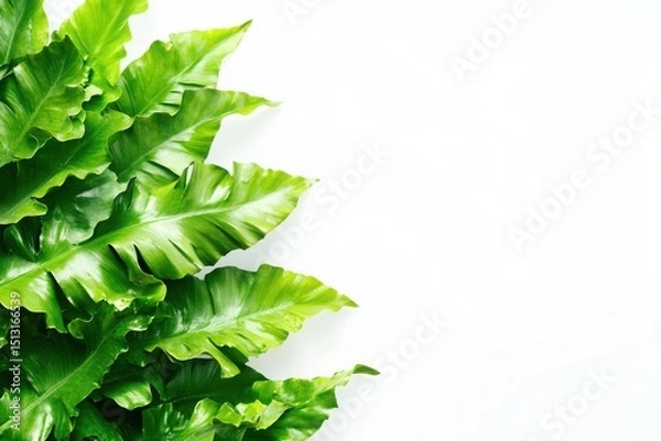 Fototapeta Green bird's nest fern leaves on the left side for botanical designs, backgrounds, and natural product mockups.