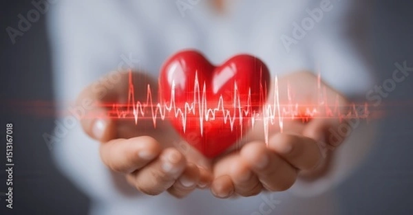 Fototapeta Heart Care: a pair of open hands holding a red heart with an EKG waveform across it. Represents health, medicine, and cardiology.